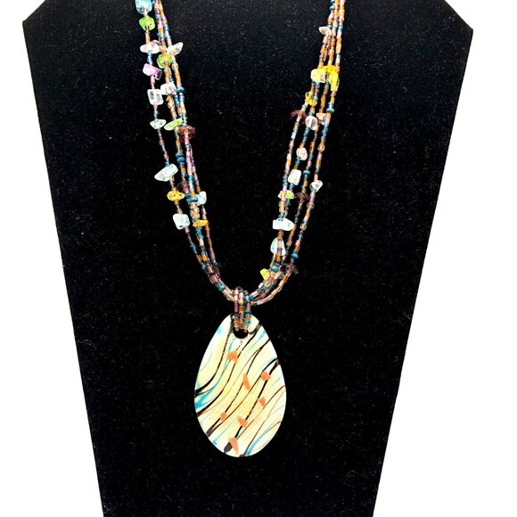 CJ Signed Multistrand Art Glass Necklace – Teardrop Pendant – Boho Statement - Picture 2 of 11